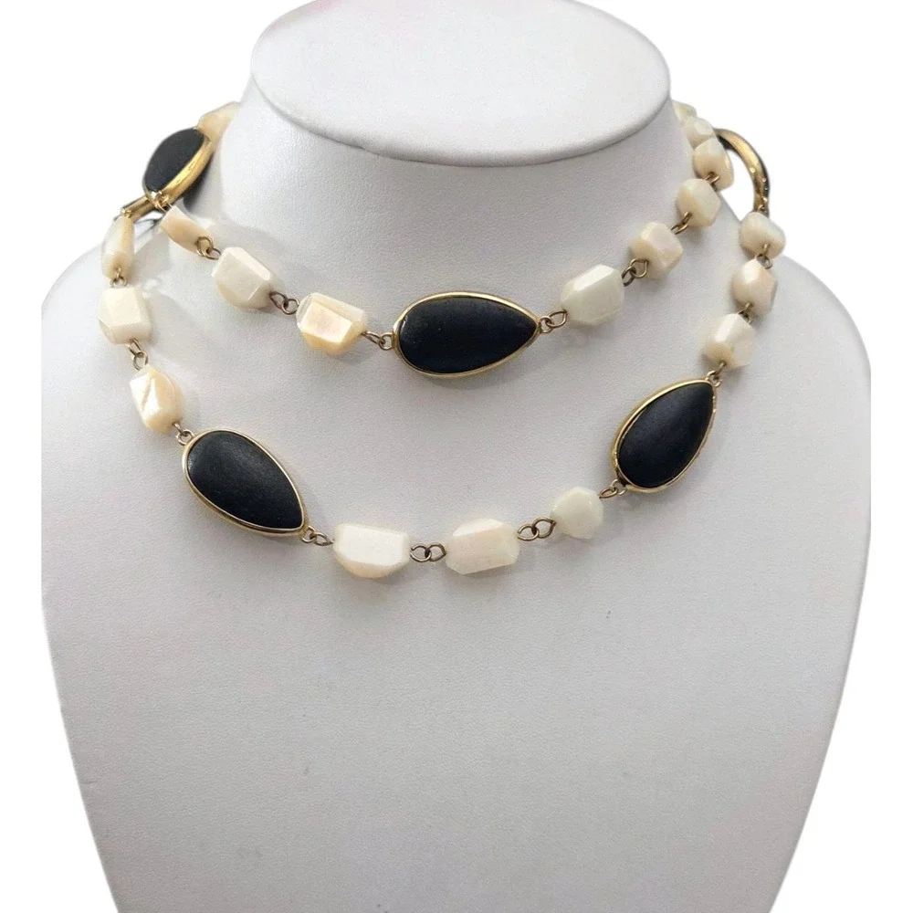 Vintage‎ Necklace MCM Stones Beaded Black White Gold Tone Chain Gemstones Long